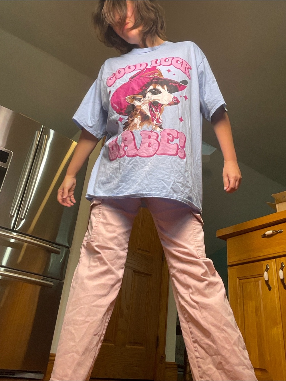 Good Luck Babe Graphic Tee 2XL | Opossum Cowboy Western Pink Blue Oversized